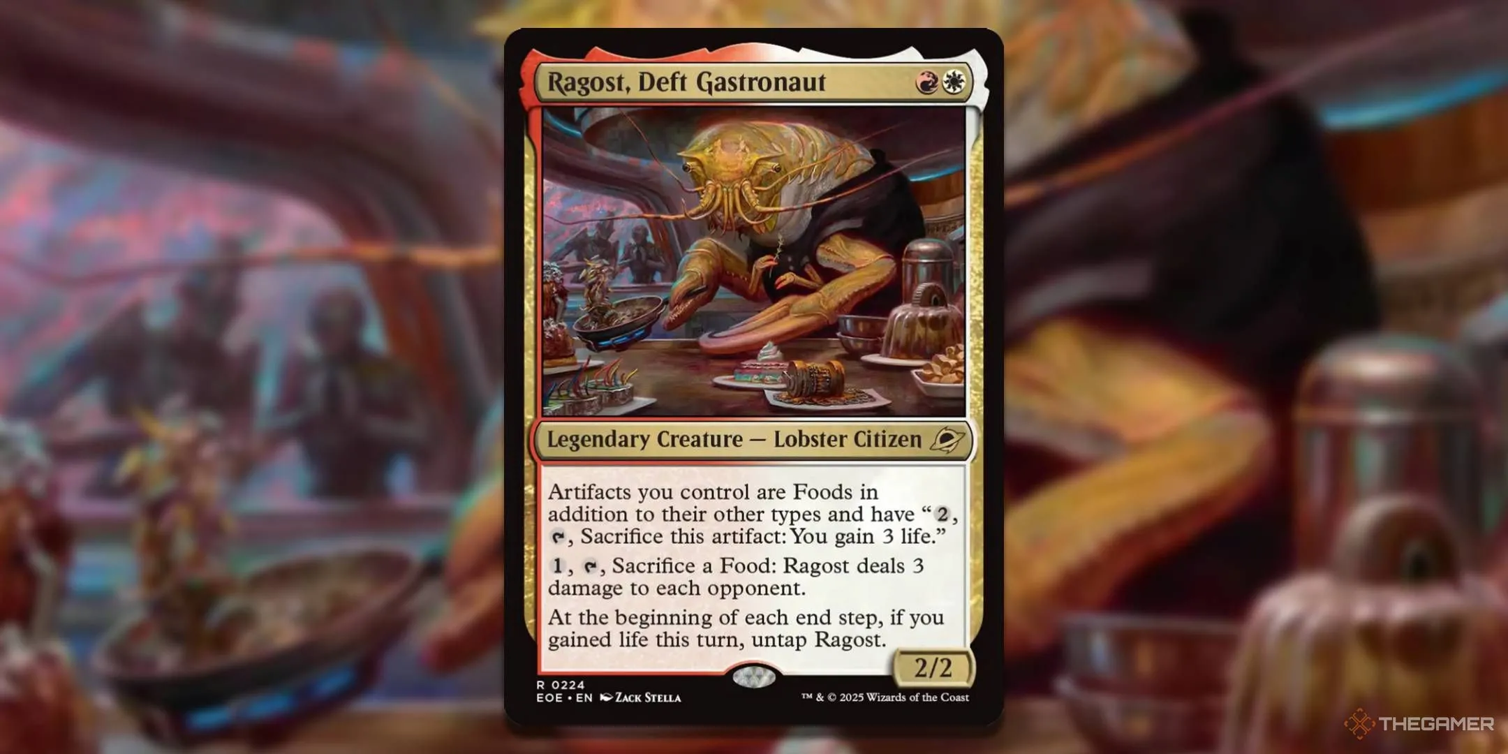 Thẻ bài Magic The Gathering Ragost Deft Gastronaut, một Commander Đỏ/Xanh Lá mang hình hài sinh vật biển hài hước, biến các vật phẩm thành token Food để gây sát thương trực tiếp lên đối thủ, tạo nên một phong cách chơi &quot;ẩm thực&quot; độc đáo trong MTG Edge of Eternities.
