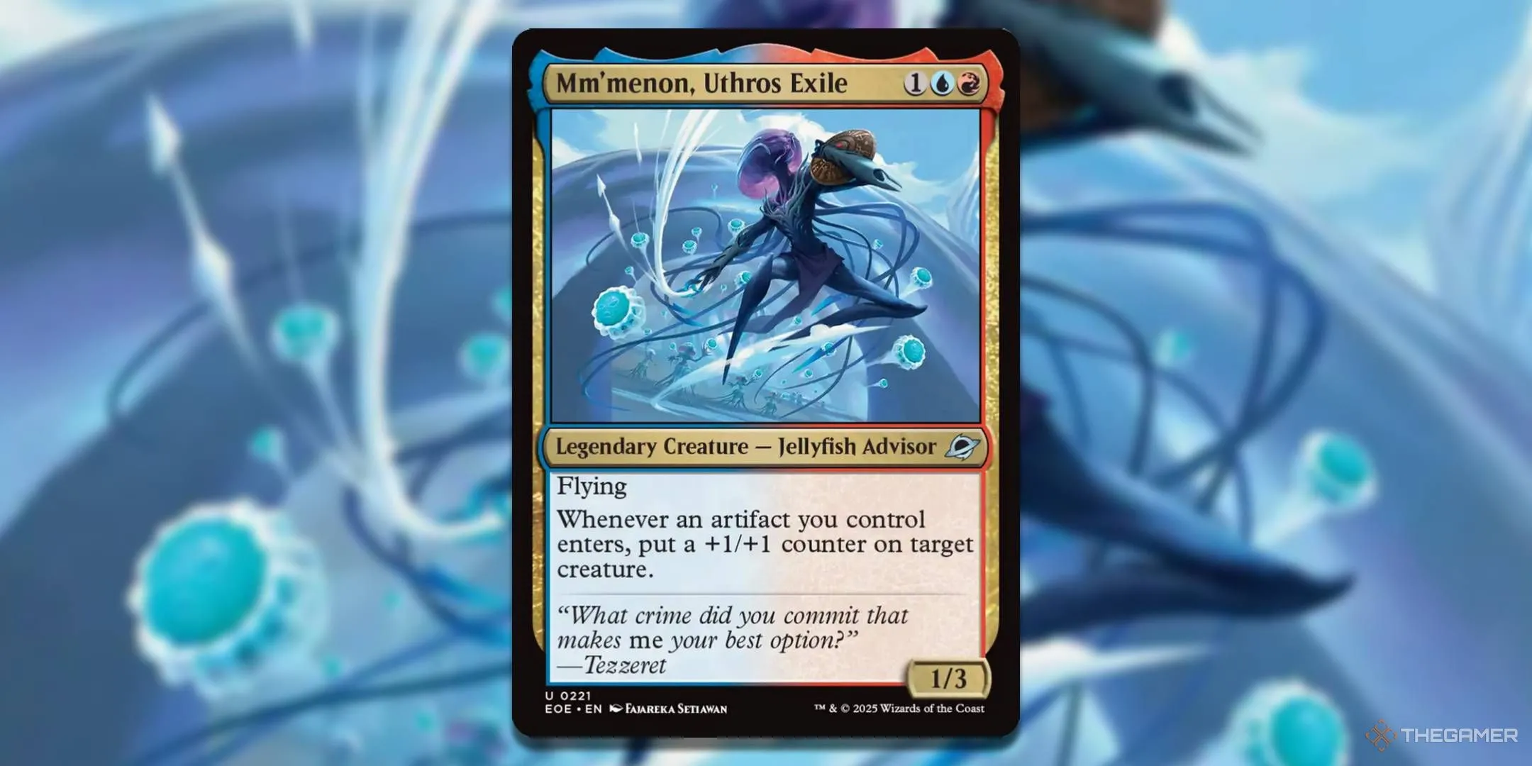 Thẻ bài Mm'menon Uthros Exile trong Magic The Gathering, mô tả một Commander vật phẩm với chỉ số vững chắc, lý tưởng cho chiến thuật Voltron khi được trang bị nhiều vật phẩm và bùa chú, giúp cô nàng tự tin bay lượn trên chiến trường Edge of Eternities.