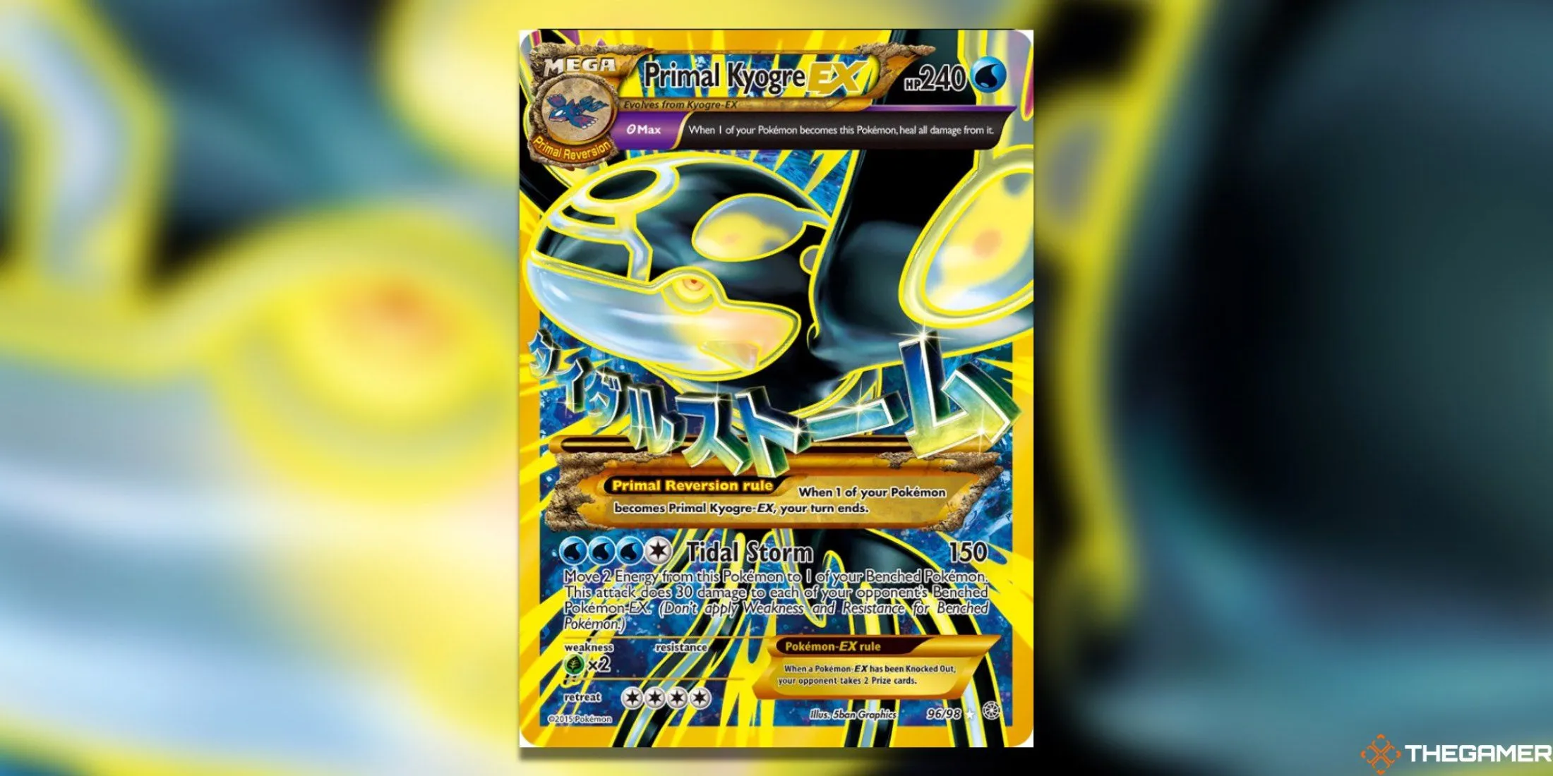 Thẻ bài Pokemon TCG Primal Kyogre EX Shiny Full Art (Ancient Origins) với màu sắc xanh lam và vàng ánh kim tuyệt đẹp.