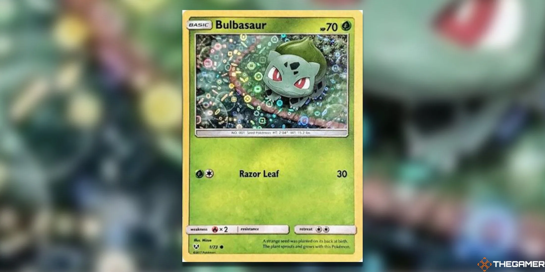 Thẻ bài Pokemon TCG promo Bulbasaur 1/73 từ General Mills, với hiệu ứng holo rực rỡ và nhiều chi tiết lấp lánh, là một trong những thẻ Bulbasaur giá trị nhất.