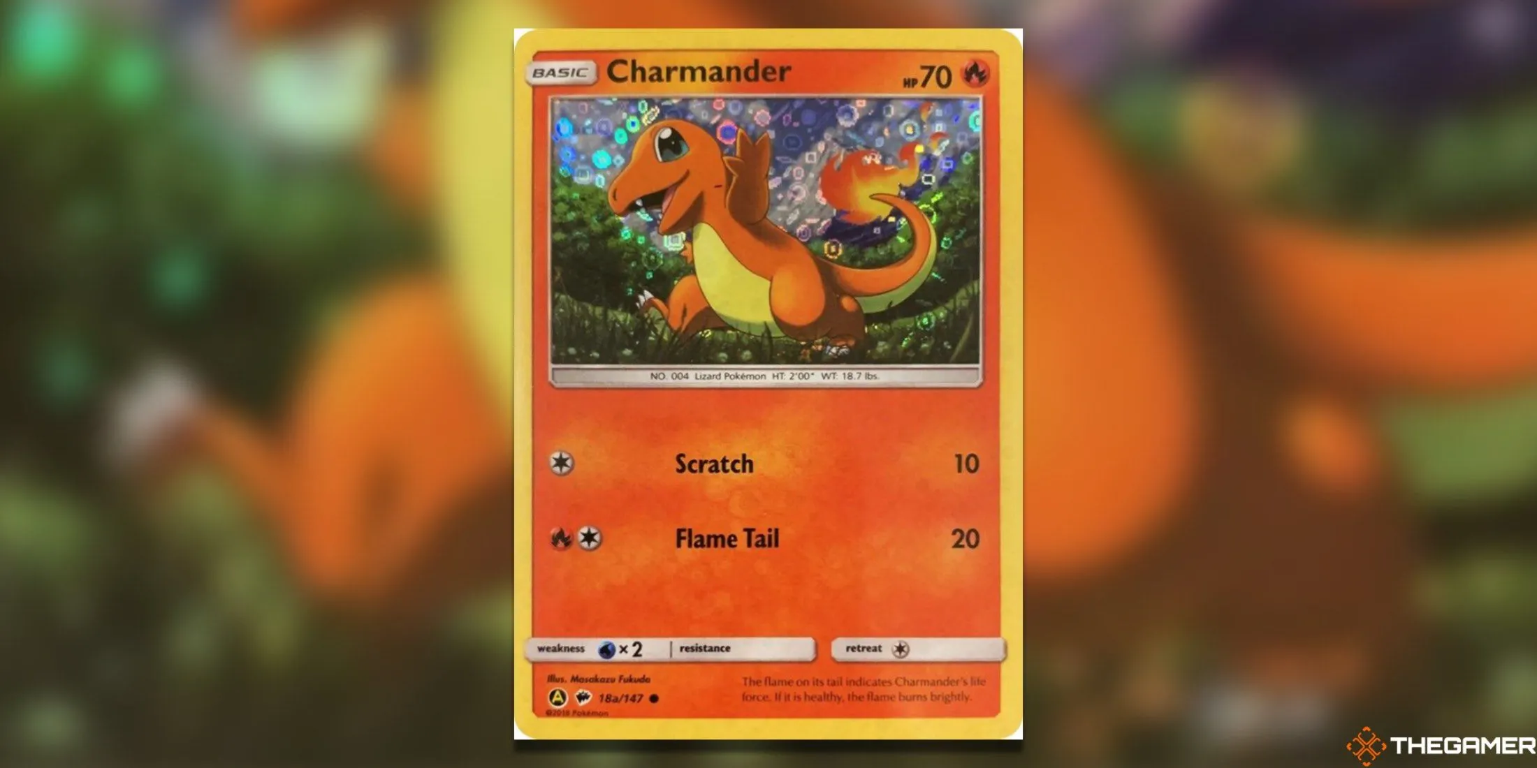 Thẻ bài Pokemon TCG promo Charmander 18a/147 từ General Mills, thể hiện Charmander đáng yêu đang vui vẻ dạo bước trên cánh đồng xanh, với hiệu ứng holo đặc biệt.