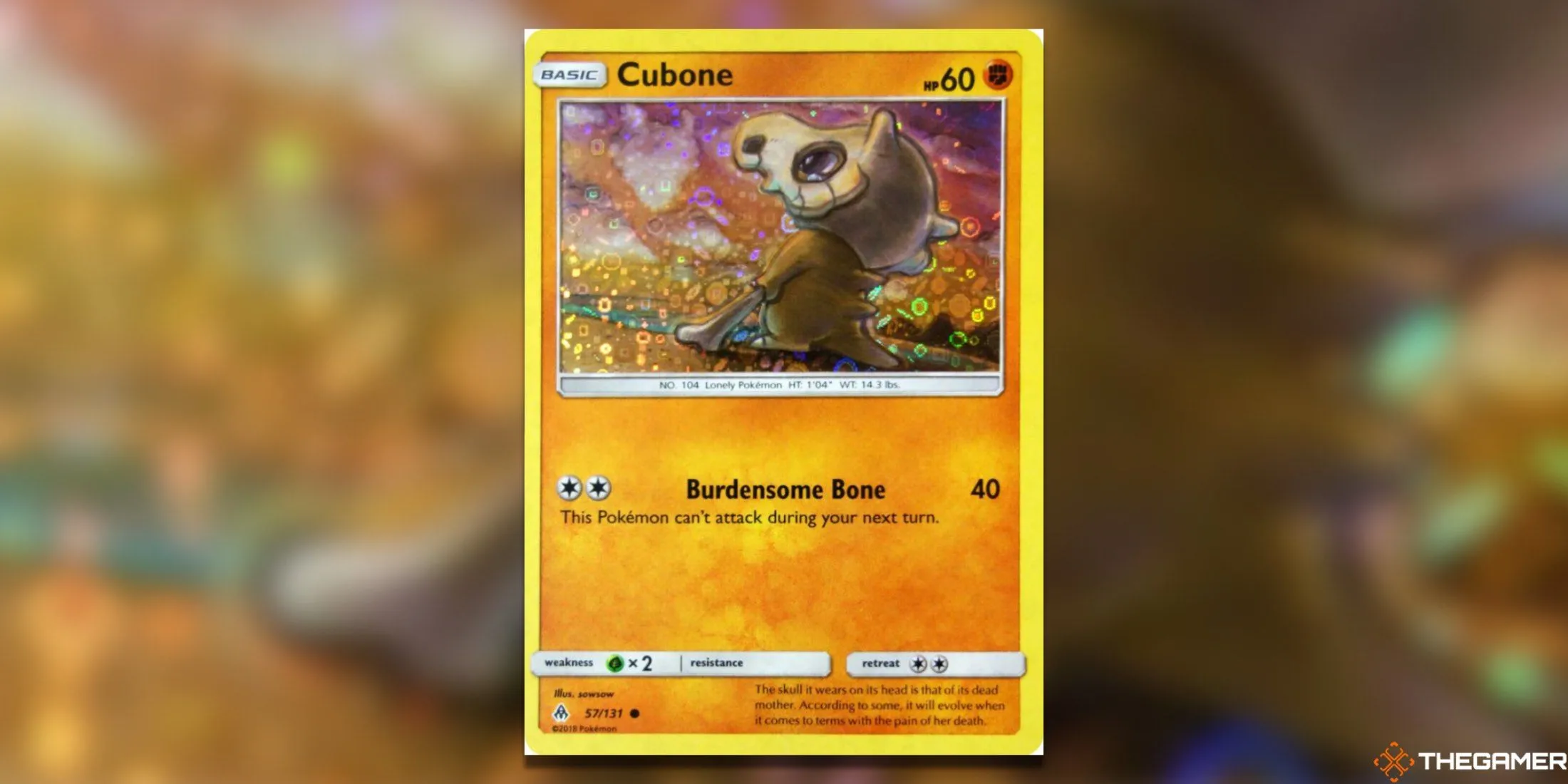Thẻ bài Pokemon TCG promo Cubone 57/131 từ General Mills, miêu tả Cubone với cái nhìn xa xăm, phản ánh cốt truyện đầy bi thương của nó và hiệu ứng holo ấn tượng.