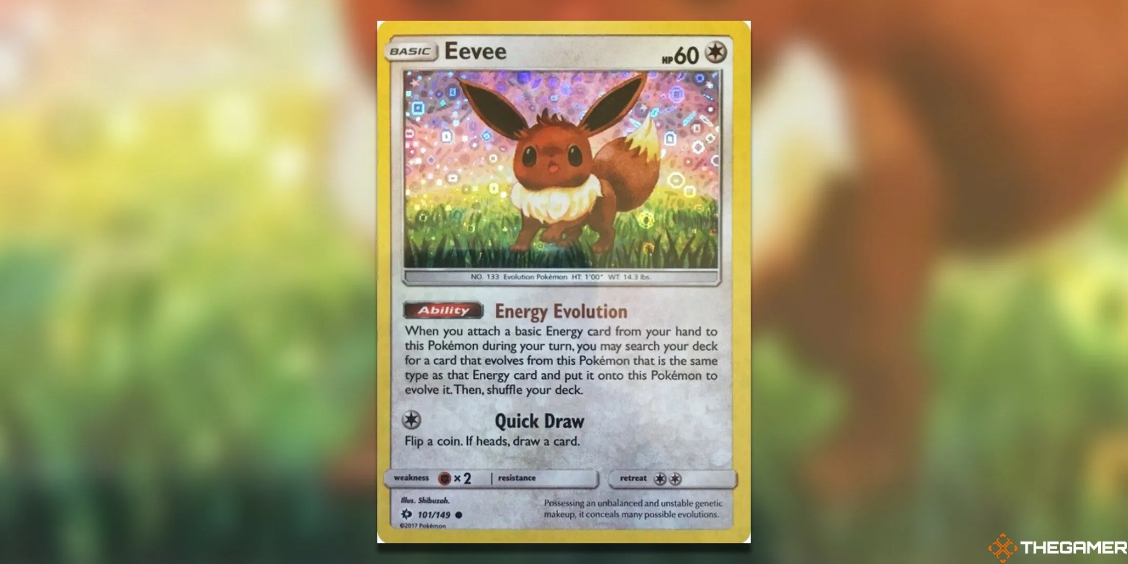 Thẻ bài Pokemon TCG promo Eevee 101/149 từ General Mills, với họa tiết holo độc đáo làm nổi bật hình ảnh Eevee bay lượn trên bầu trời.