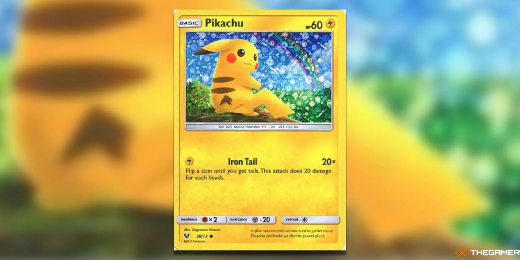 Thẻ bài Pokemon TCG promo Pikachu 28/73 từ General Mills, nổi bật với hình ảnh Pikachu trước nền cầu vồng lấp lánh, tạo nên một khung cảnh thanh bình.