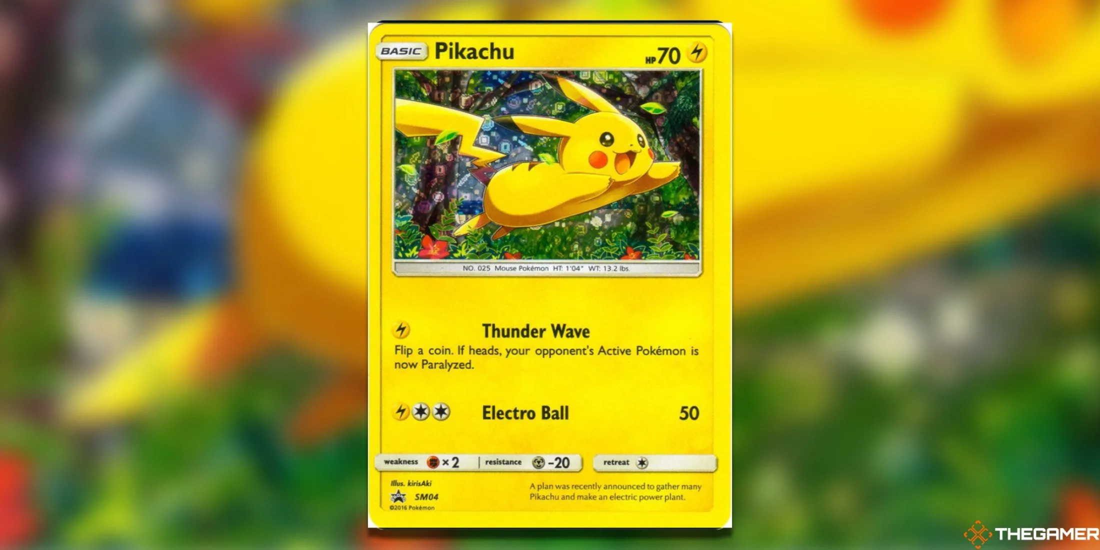 Thẻ bài Pokemon TCG promo Pikachu SM04 từ General Mills, miêu tả Pikachu với vẻ mặt hạnh phúc và lạc quan, là một trong những minh họa vui tươi nhất trong bộ sưu tập.