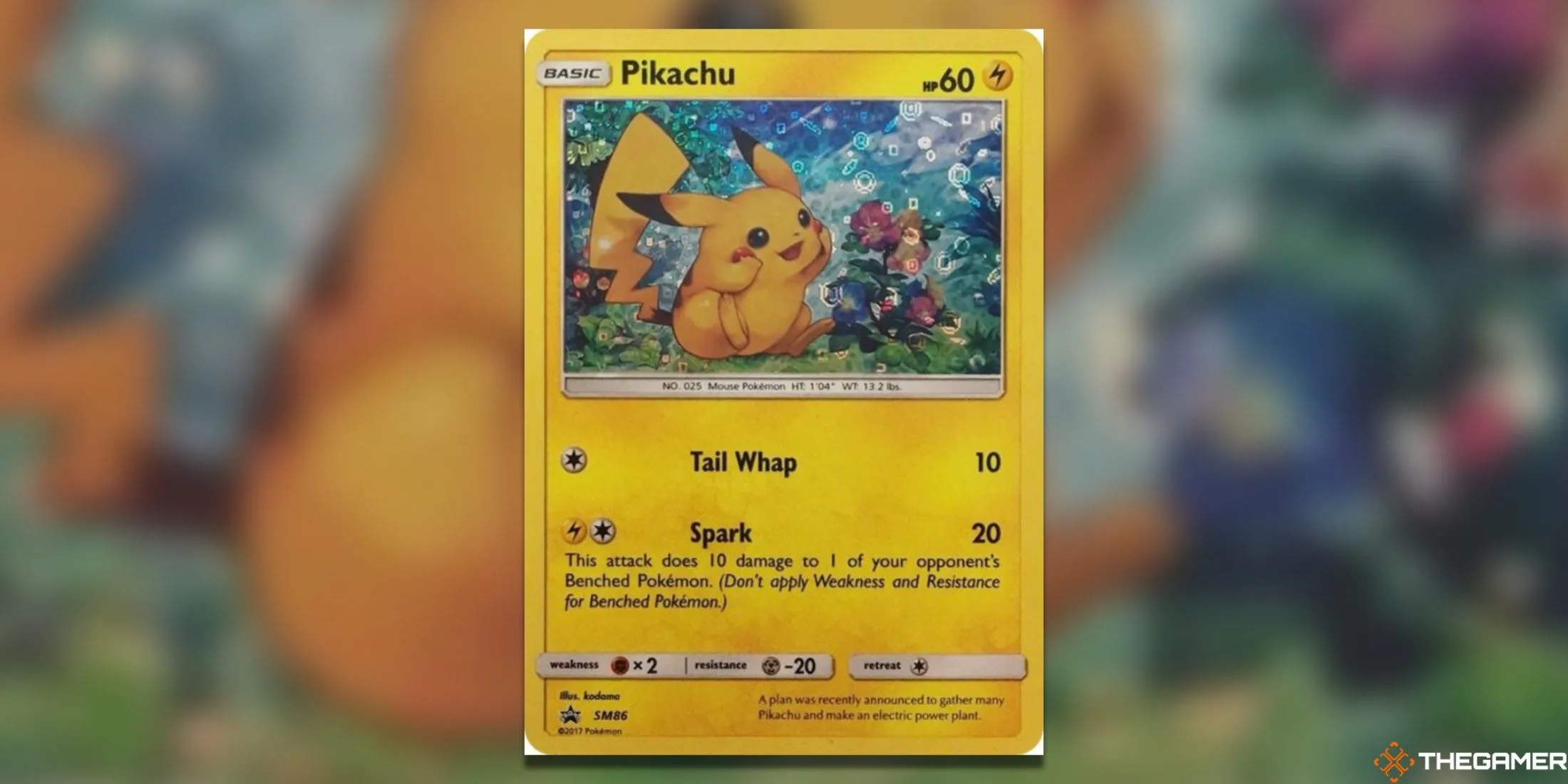 Thẻ bài Pokemon TCG promo Pikachu SM86 từ General Mills, thể hiện Pikachu với biểu cảm tò mò, vui vẻ bên những bông hoa, là thẻ promo có giá trị cao nhất trong danh sách.