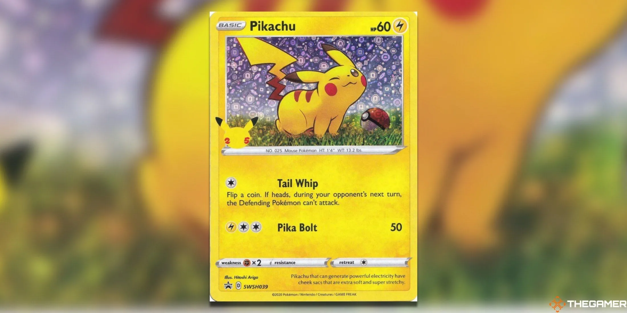 Thẻ bài Pokemon TCG promo Pikachu SW-SH039 từ General Mills, thể hiện hình ảnh linh vật đáng yêu của Pokemon trong một tư thế sẵn sàng chiến đấu.