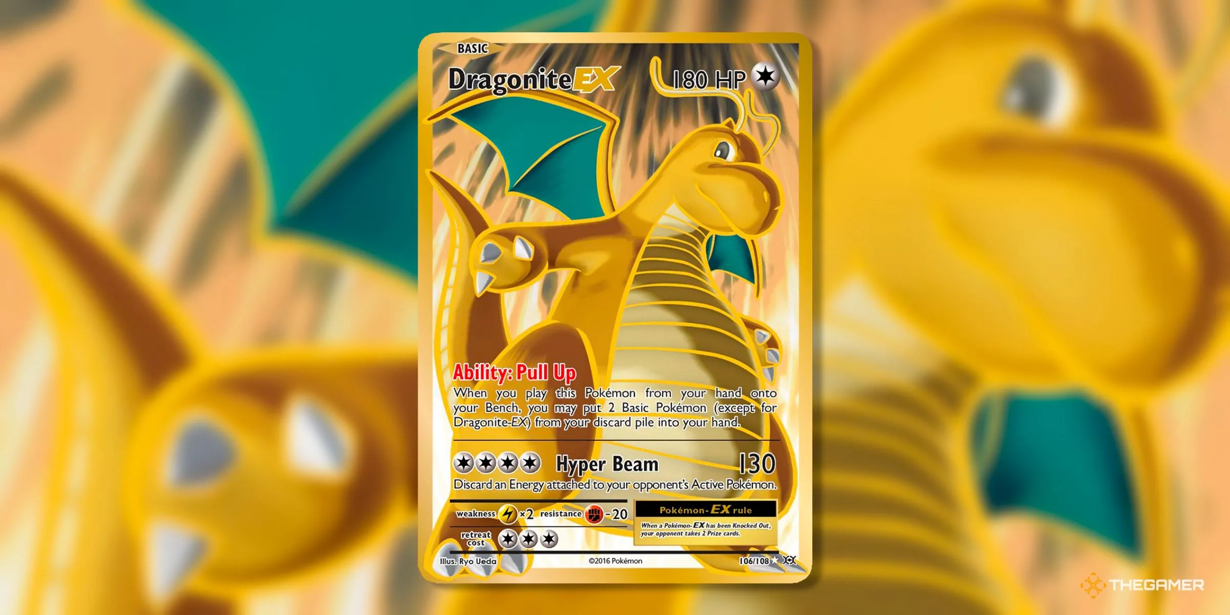 Thẻ Dragonite EX (Full Art, 106) từ set Evolutions của kỷ nguyên XY, thể hiện hình ảnh Dragonite mạnh mẽ và đầy khí chất.