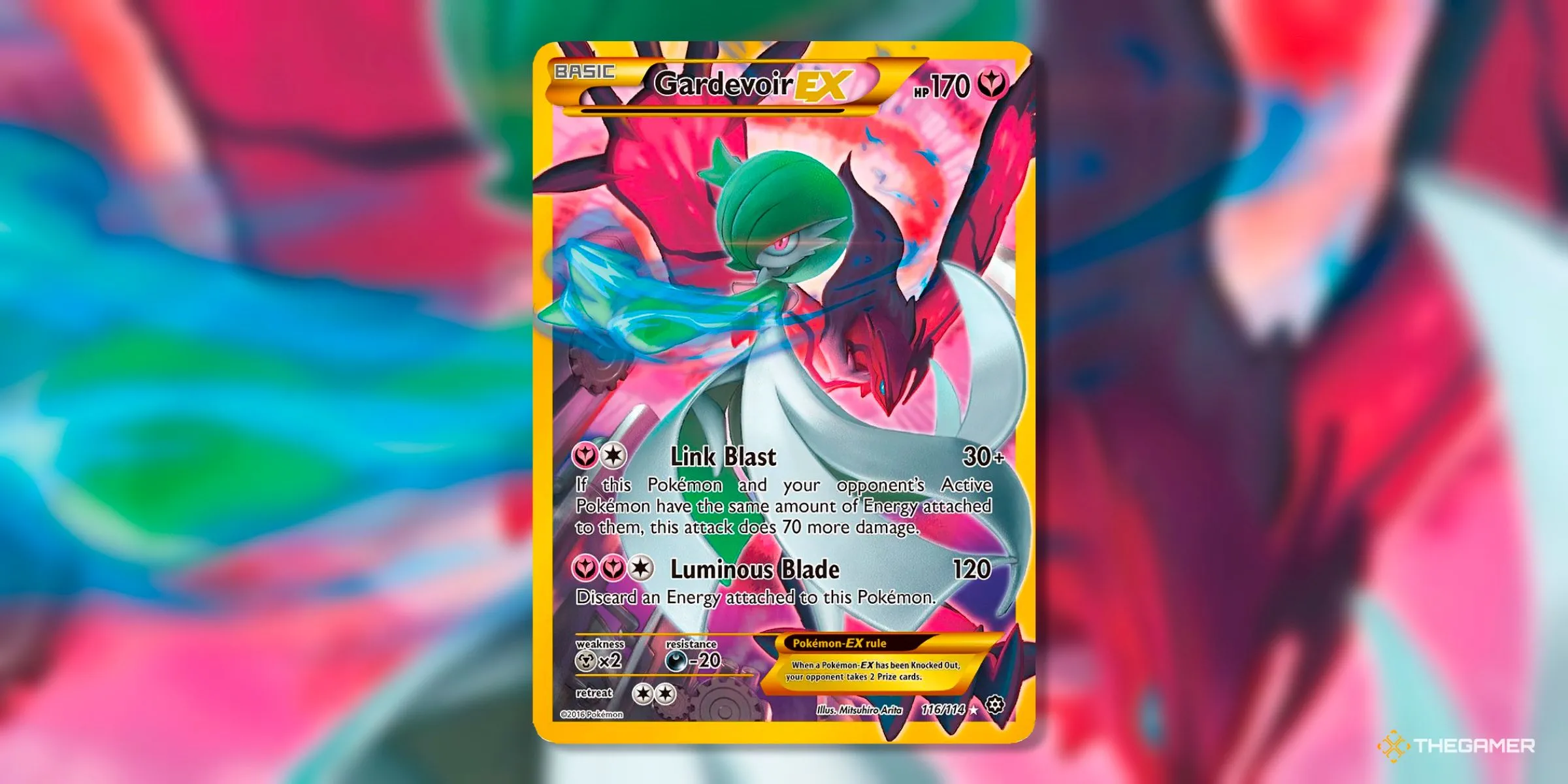 Thẻ Gardevoir EX (Secret Rare, 116) từ set Steam Siege của kỷ nguyên XY, với hình ảnh Gardevoir mạnh mẽ và nghệ thuật đẹp mắt của Mitsuhiro Arita.