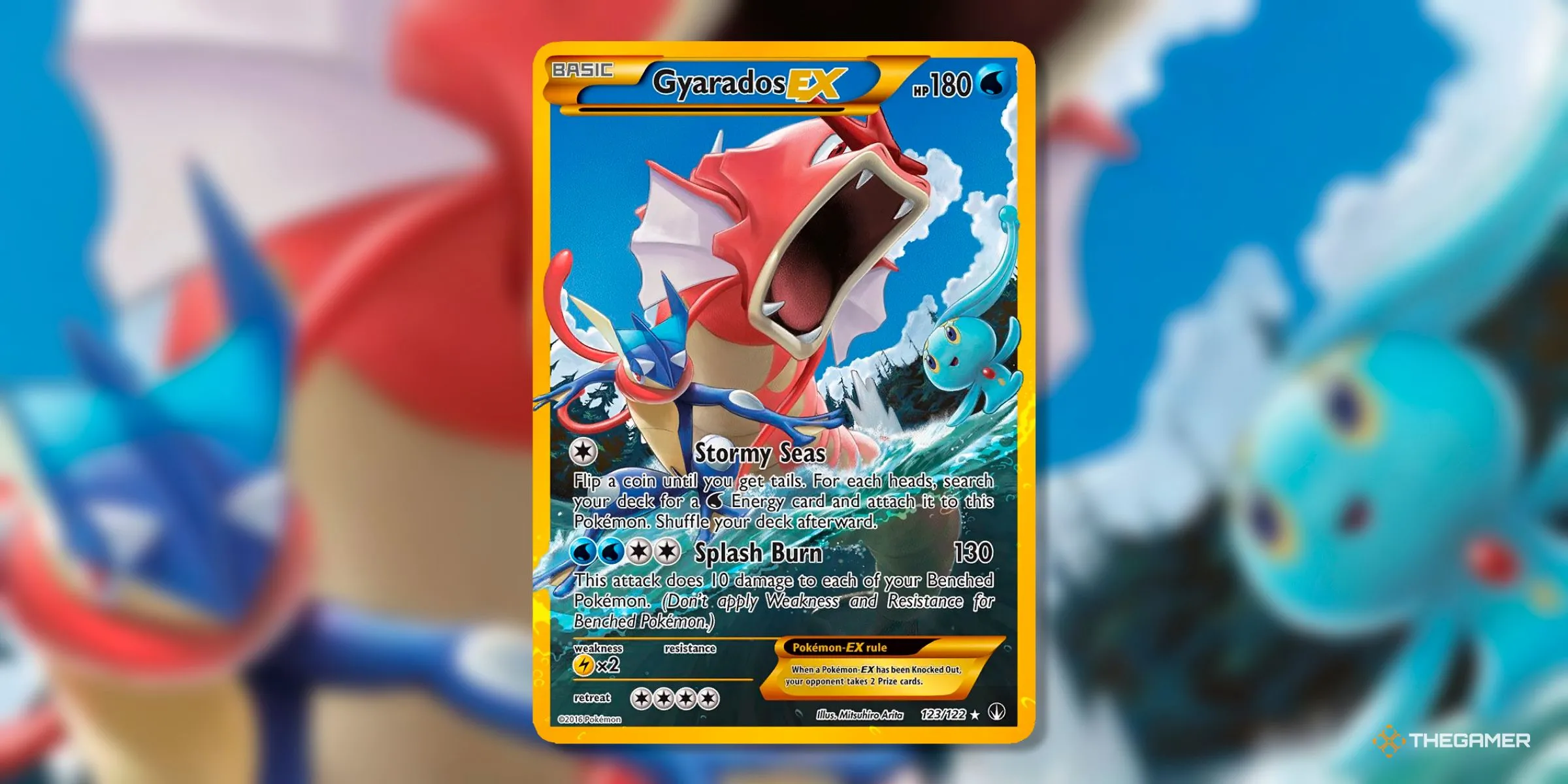 Thẻ Gyarados EX (Secret Rare, 123) phiên bản Secret Rare từ set BreakPoint của kỷ nguyên XY, nổi bật với hình ảnh Shiny Gyarados và sự xuất hiện của Greninja.