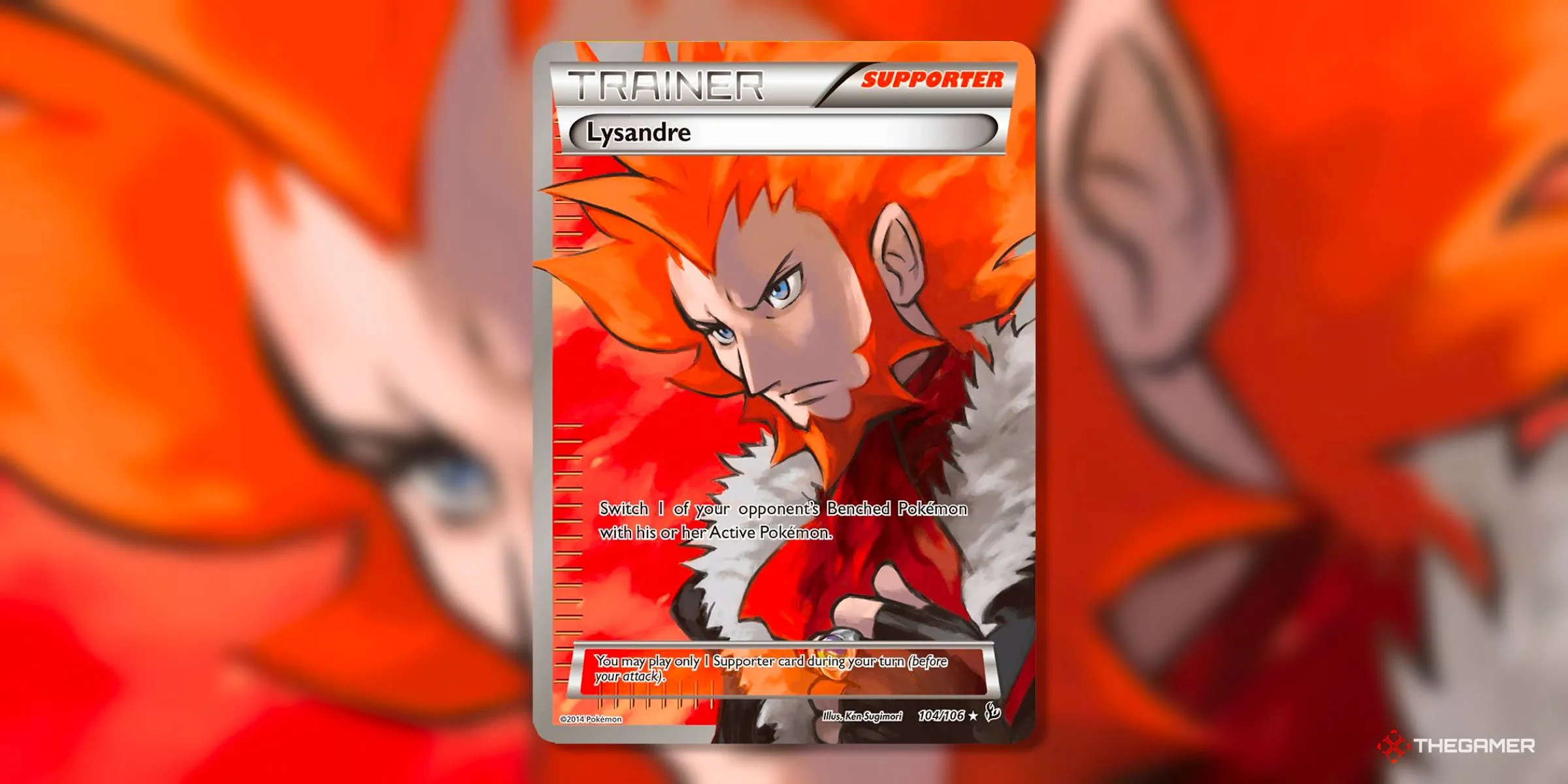Thẻ Lysandre (Ultra Rare, 104) phiên bản Full Art từ set Flashfire của kỷ nguyên XY, một nhân vật phản diện nổi bật với artwork độc đáo.