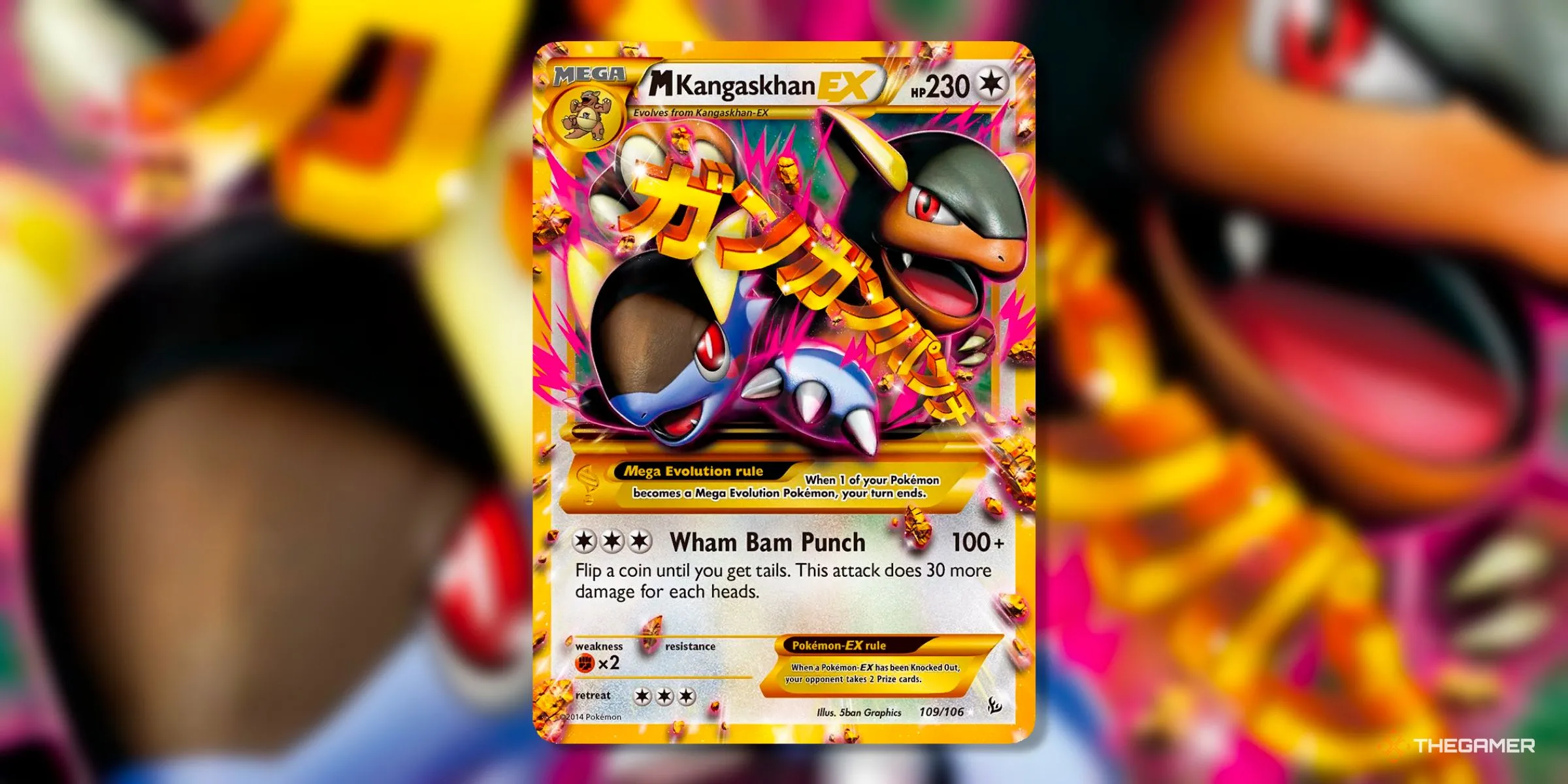 Thẻ M Kangaskhan EX (Secret Rare, 109) phiên bản Secret Rare từ set Flashfire của kỷ nguyên XY, với viền vàng và chữ Nhật nổi bật.