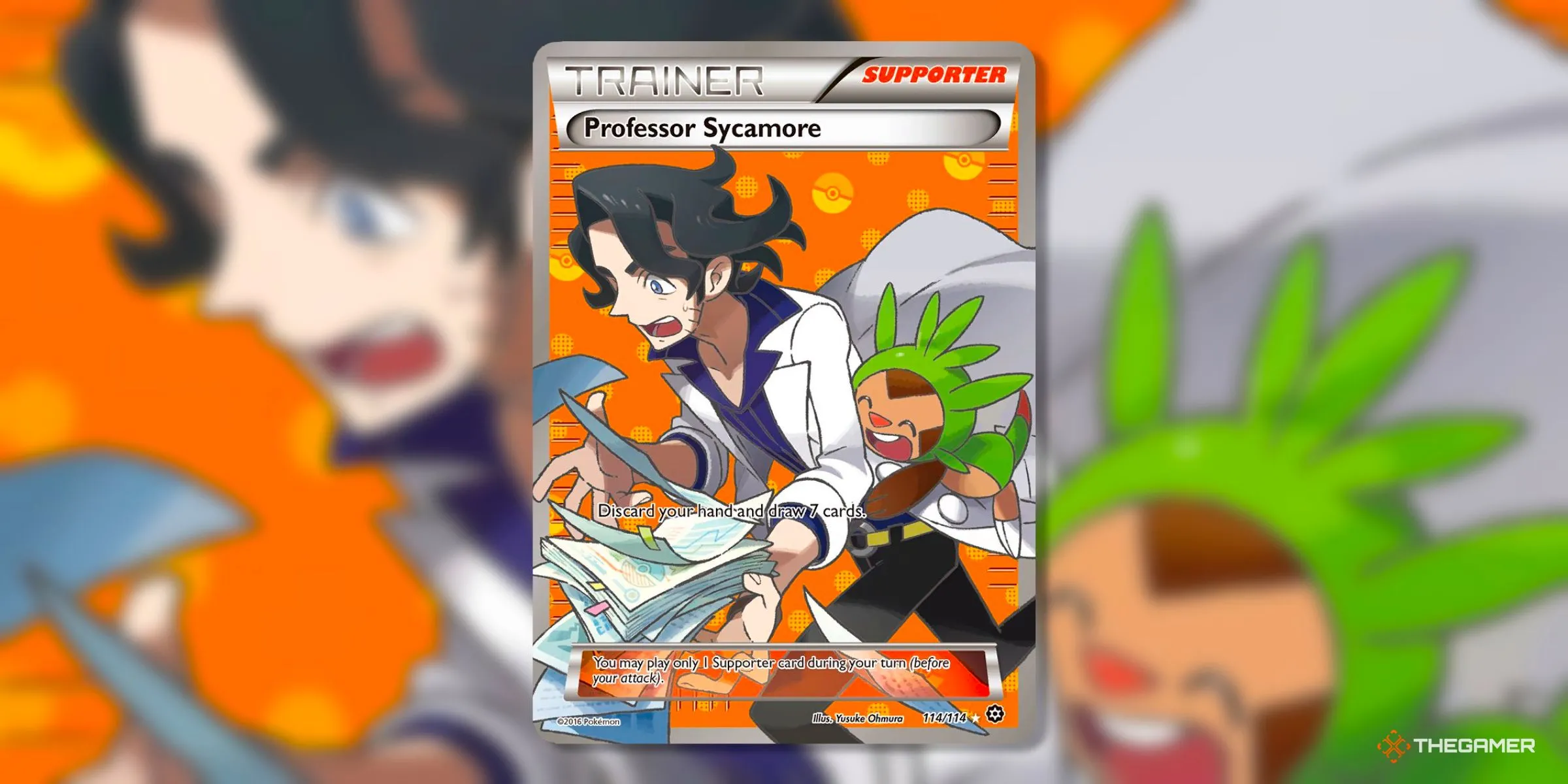 Thẻ Professor Sycamore (Ultra Rare, 114) phiên bản Full Art từ set Steam Siege của kỷ nguyên XY trong Pokemon TCG, thể hiện sự sang trọng và uyên bác.