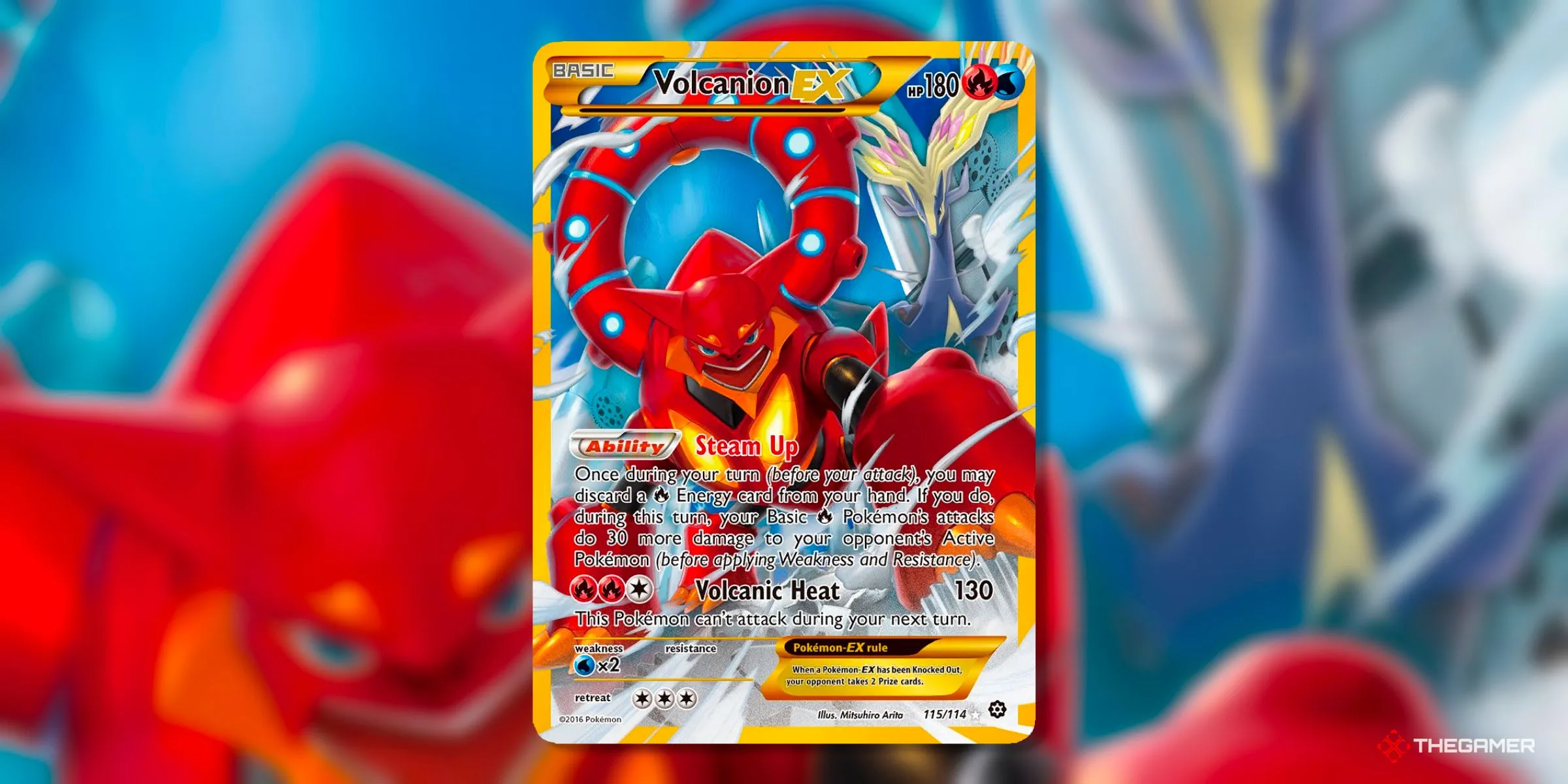 Thẻ Volcanion EX (Secret Rare, 115) từ set Steam Siege của kỷ nguyên XY, một Pokemon Thần thoại hiếm hoi trên thẻ bài.