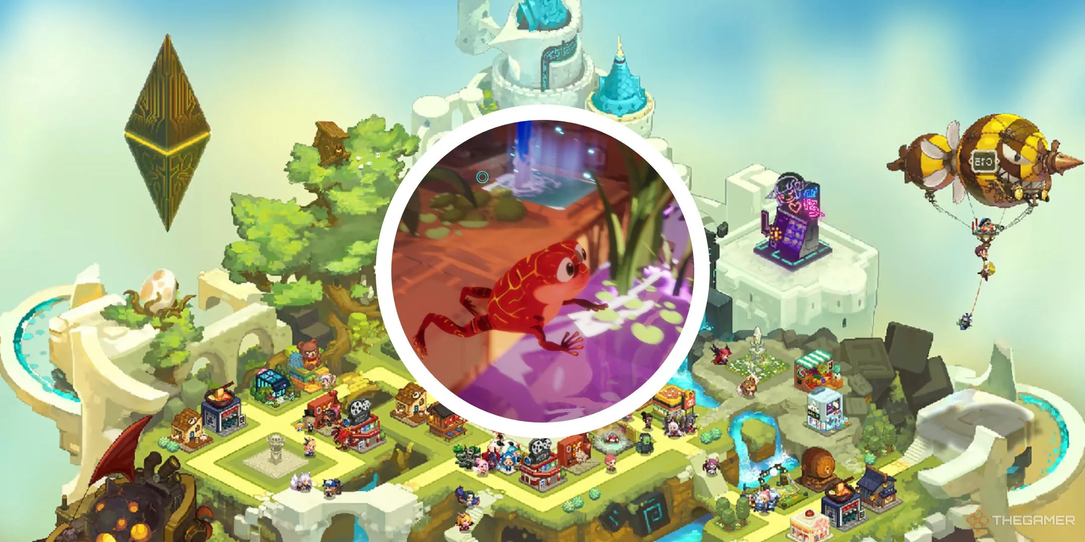 Thị trấn trong Guardian Tales với chú ếch La Rana, đại diện cho những game miễn phí có cốt truyện xuất sắc.
