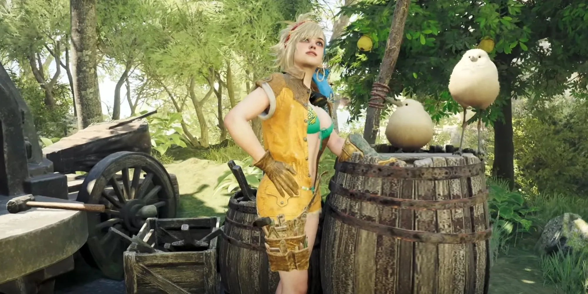 Thợ rèn Gemma trong trang phục mùa hè bên cạnh lò rèn và hai chú chim thân thiện tại Monster Hunter Wilds.