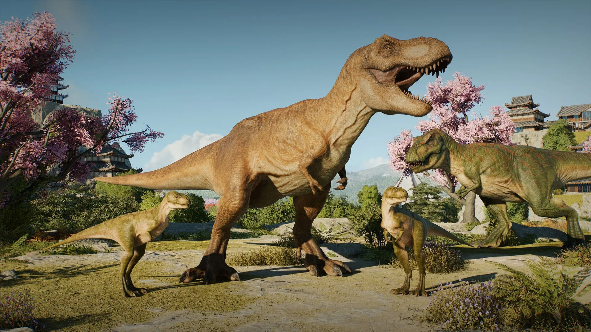 Toàn cảnh công viên khủng long rộng lớn trong Jurassic World Evolution 3 với nhiều loài đang sinh sống