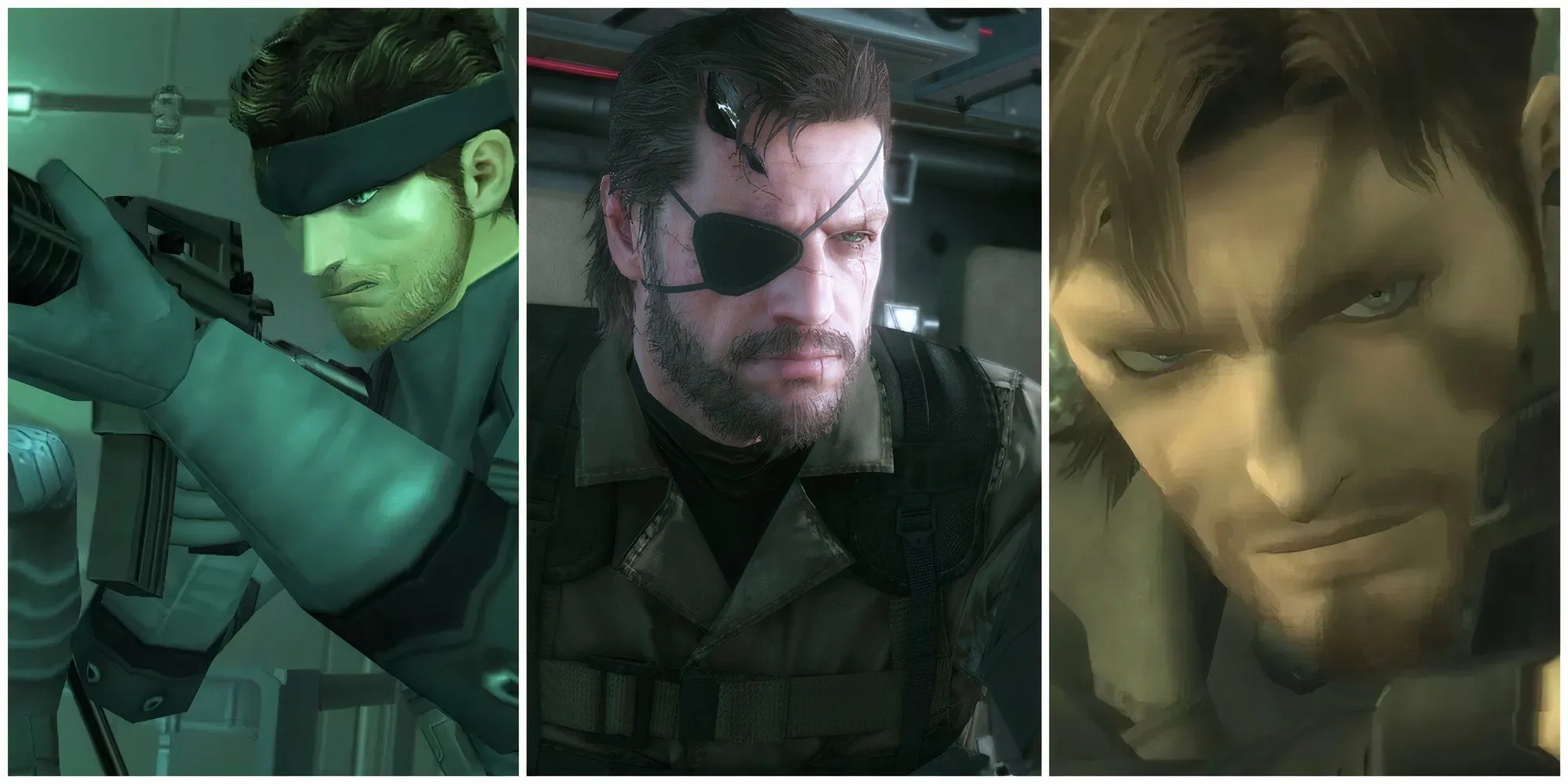 Tổng hợp các phiên bản nhân vật Snake huyền thoại từ series Metal Gear Solid, bao gồm Solid Snake, Venom Snake và Naked Snake.