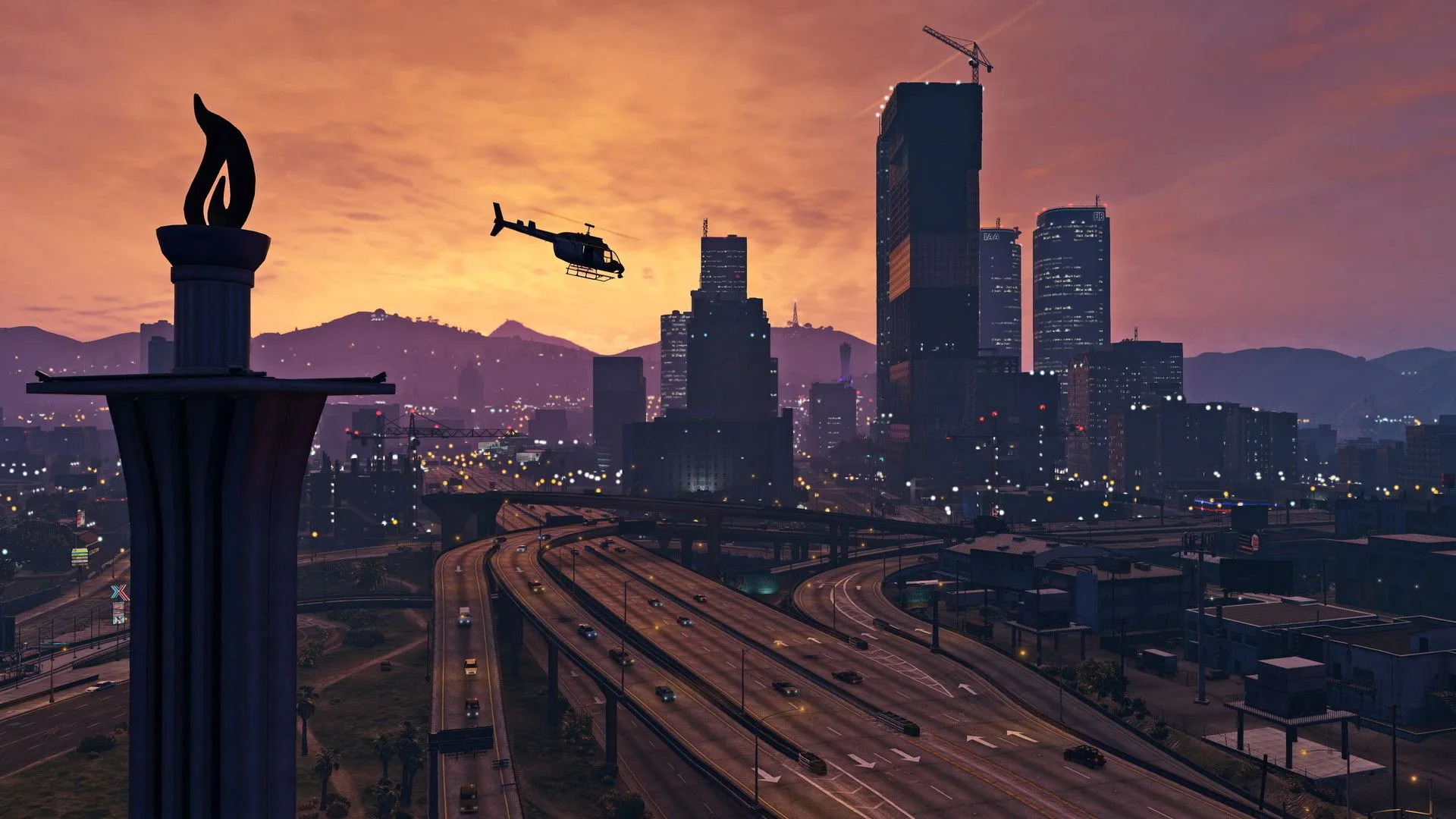 Trực thăng bay lượn trên bầu trời Los Santos hoàng hôn trong GTA 5