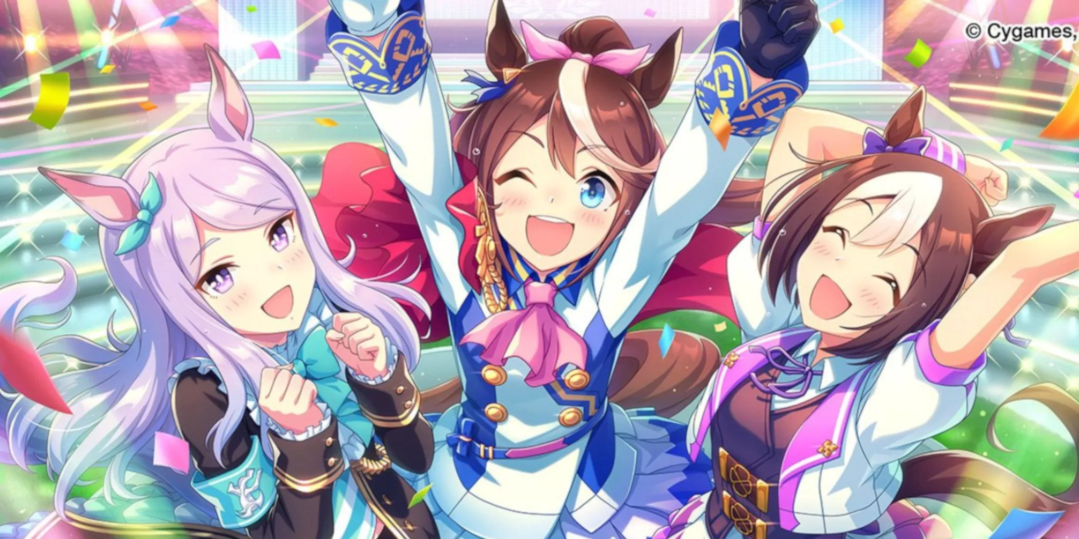 Umamusume Cheer - Các cô gái ngựa Umamusume đang cổ vũ đầy năng lượng trên khán đài, biểu tượng cho tinh thần thể thao và sự gắn kết trong game.