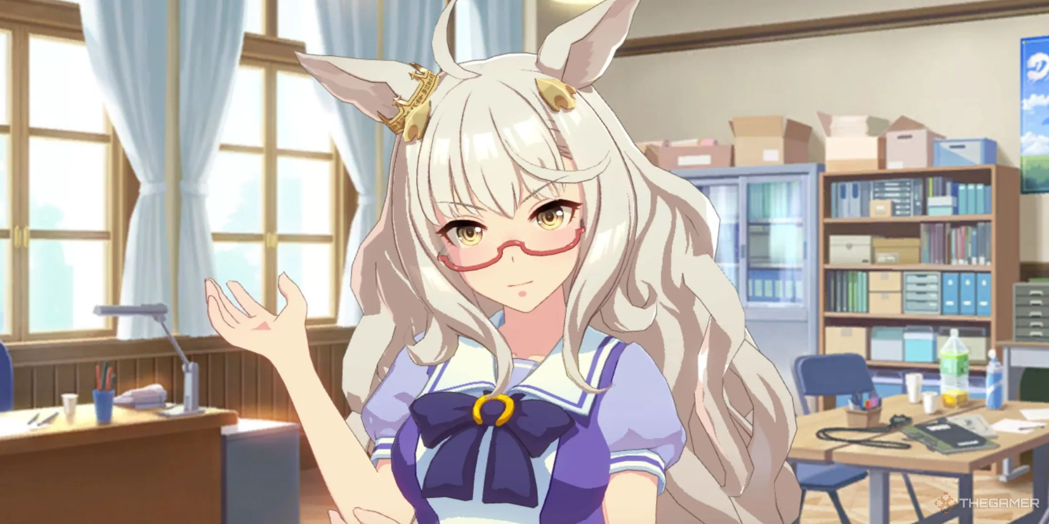 Umamusume: Pretty Derby - Biwa Hayahide trong lớp học, thể hiện không khí học đường đầy tươi sáng của game