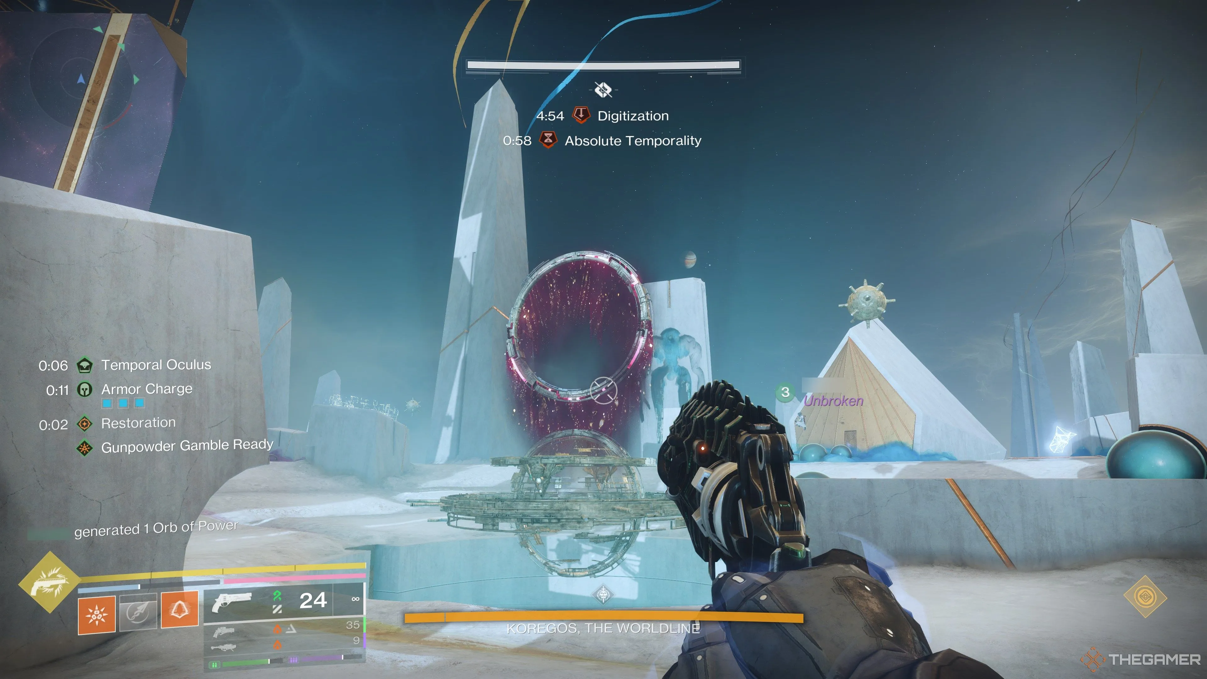Vòng tròn Hourglass ở trung tâm đấu trường Koregos, màu sắc của nó sẽ định hướng cho Absolute trong Raid Destiny 2
