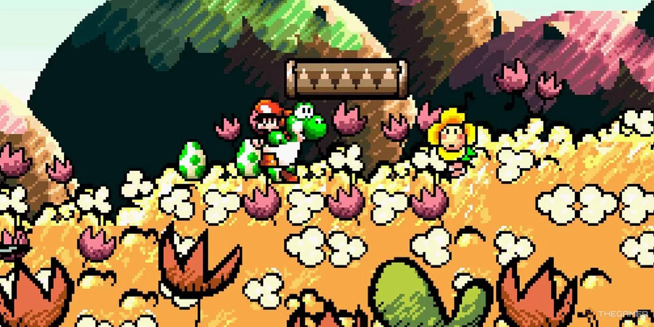 Yoshi cõng Baby Mario vượt qua cánh đồng vàng trong Super Mario World 2: Yoshi's Island, tựa game SNES với đồ họa độc đáo.