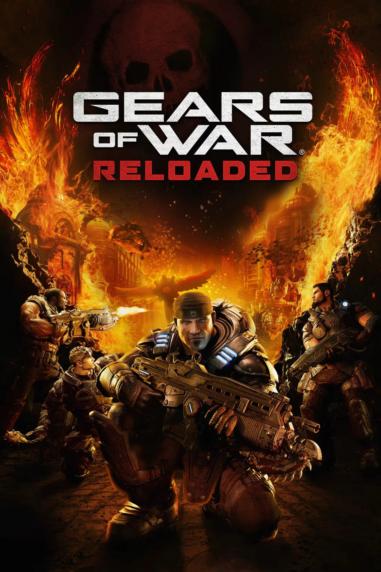 Ảnh bìa đầy mạnh mẽ của Gears of War Reloaded với Marcus Fenix và Dom Santiago, hai biểu tượng của game bắn súng.