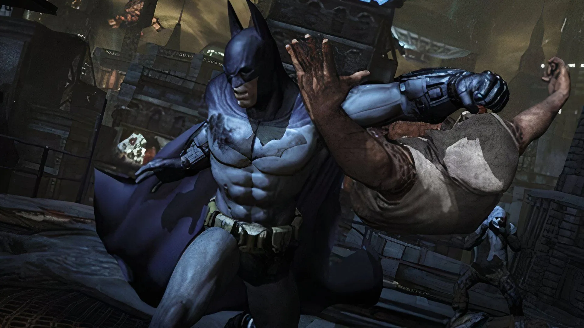 Batman tung cú đấm hạ gục kẻ thù trong một cảnh hành động mãn nhãn từ Batman: Arkham City, thể hiện kỹ năng chiến đấu của Người Dơi.