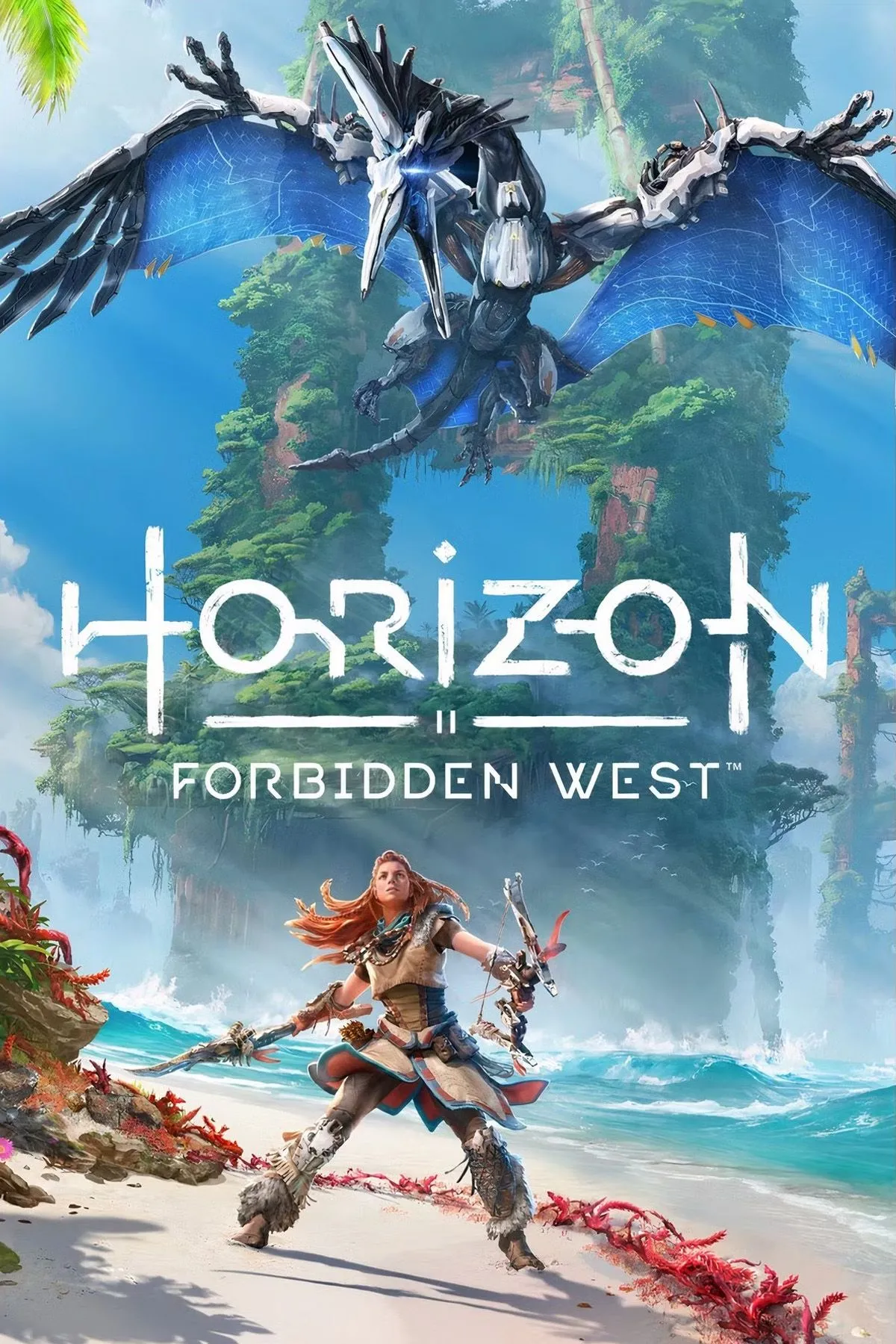 Bìa game Horizon Forbidden West với Aloy và các cỗ máy hùng vĩ