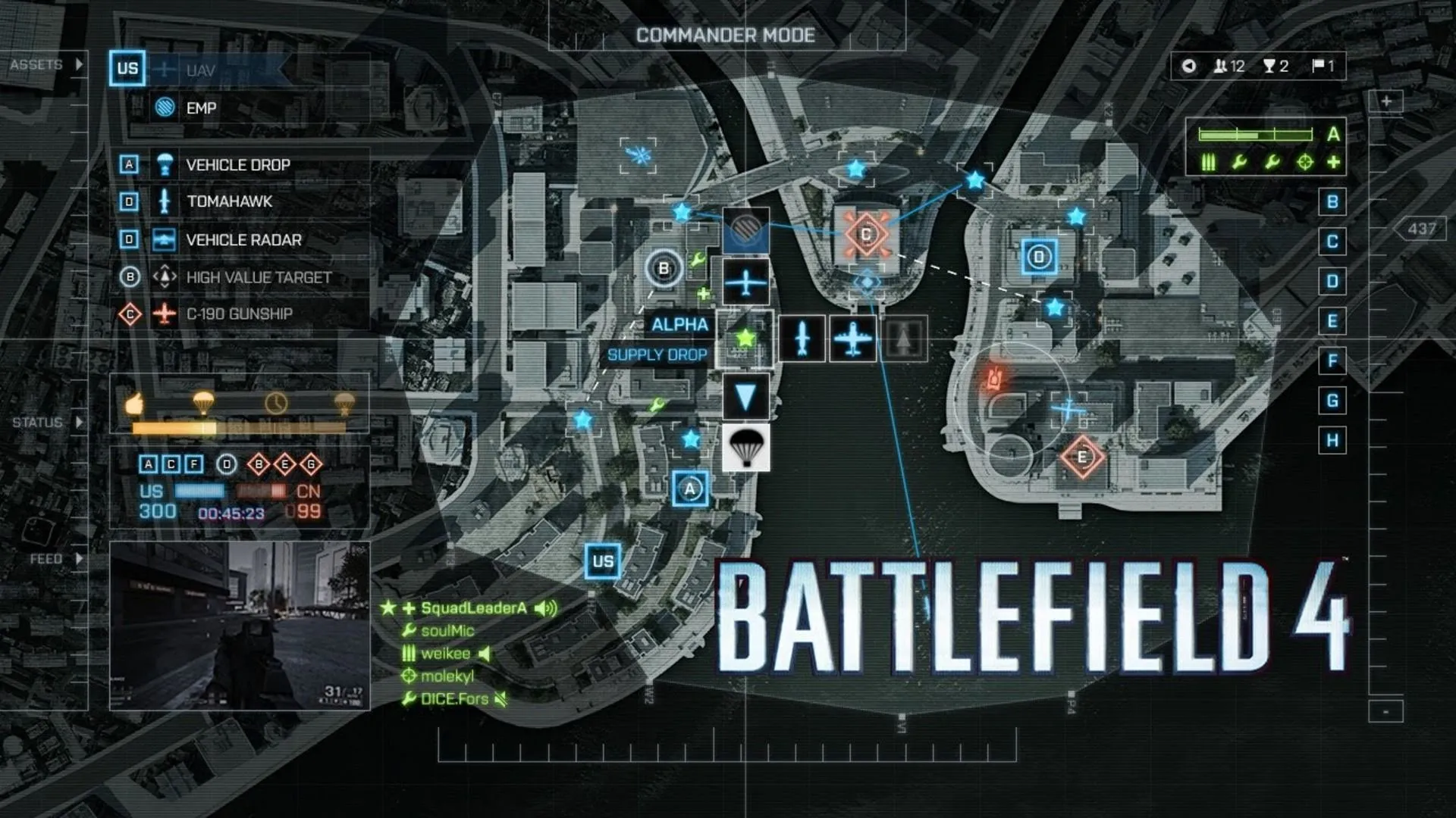 Chỉ huy đang quan sát bản đồ rộng lớn trong chế độ Commander của Battlefield 4, chuẩn bị ra lệnh cho đội.