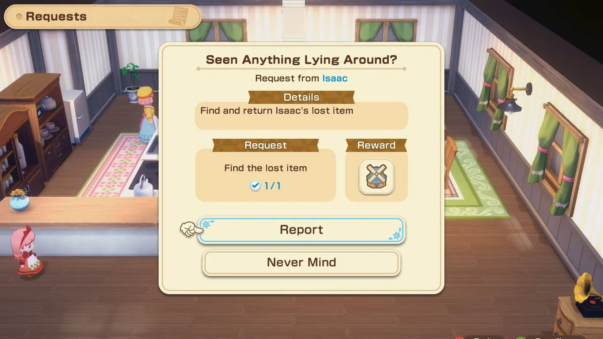 Cối xay gió xanh được mở khóa làm phần thưởng nhiệm vụ 'Thấy Gì Quanh Đây?' trong Story of Seasons: Grand Bazaar