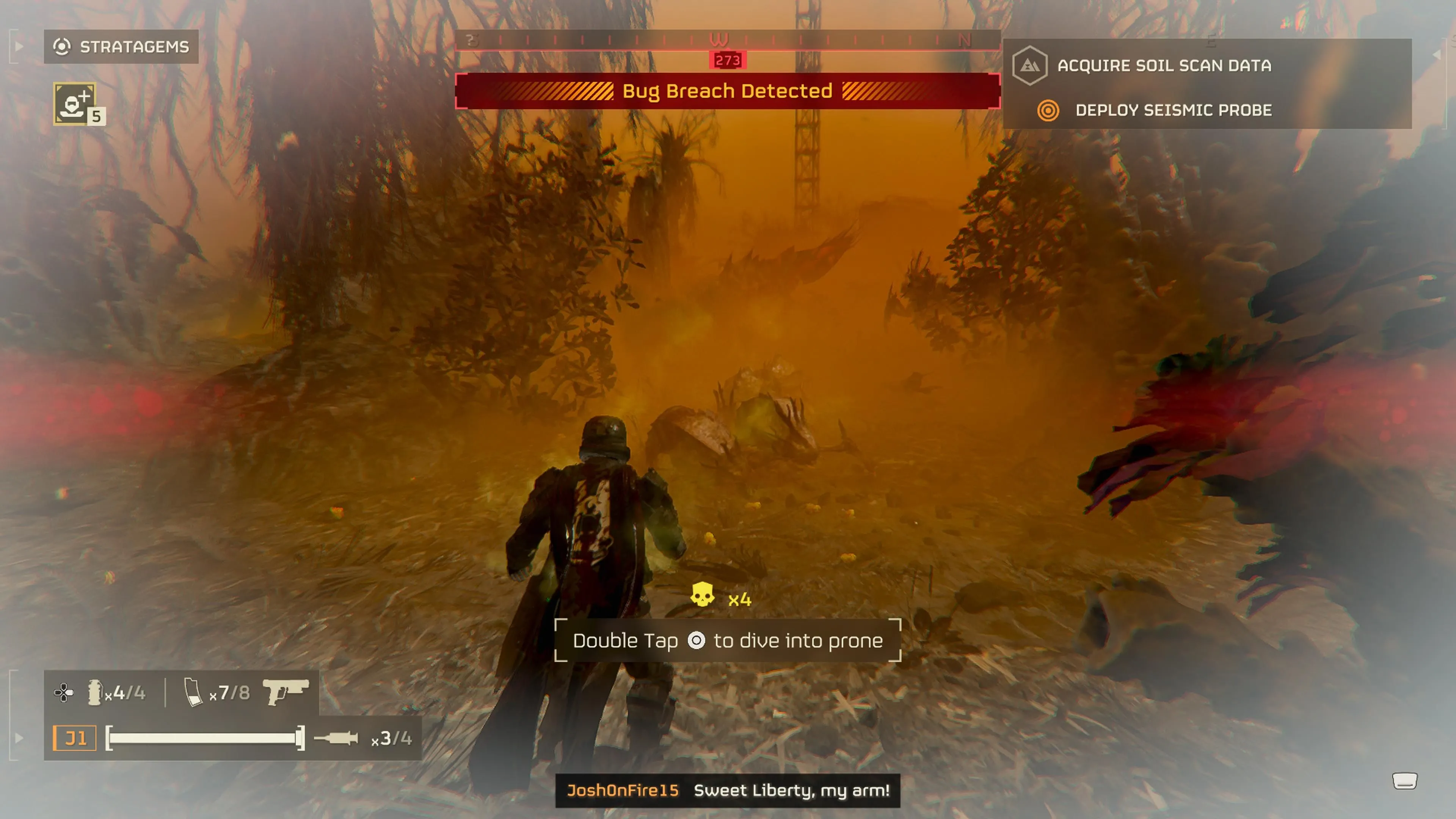 Game thủ Helldivers 2 bị nhiễm độc từ sương mù bào tử Gloom có màu cam và hiển thị hiệu ứng độc