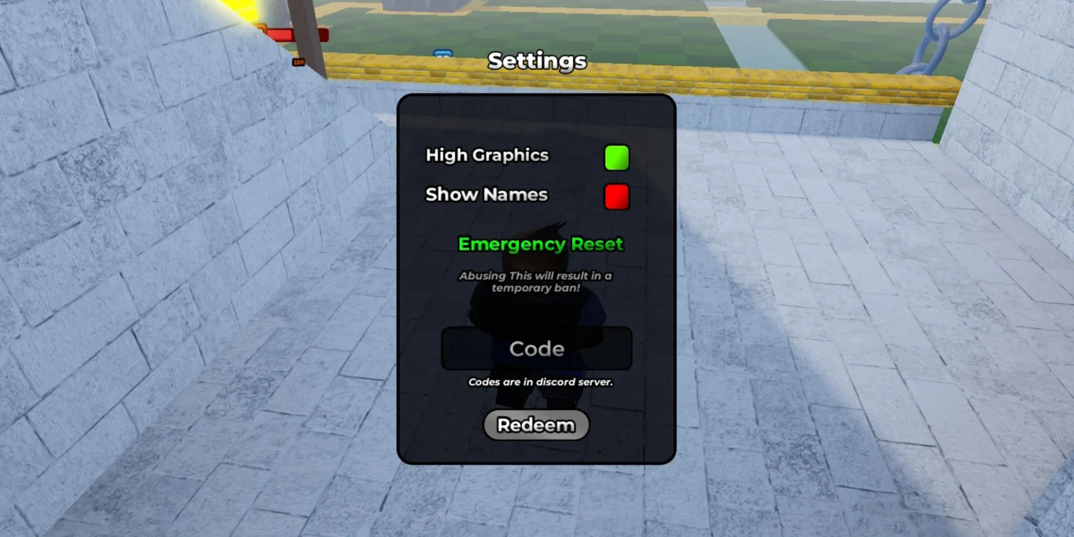 Giao diện cài đặt trong game Arena Royale hiển thị ô nhập code và nút Redeem dễ dàng để đổi quà