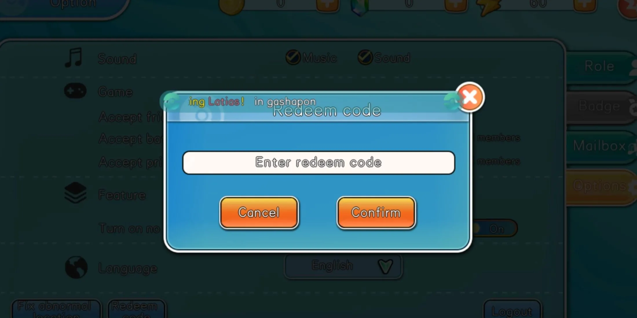 Giao diện màn hình đổi mã code trong game Pocket Pixel, với ô nhập code và nút xác nhận, giúp người chơi dễ dàng nhận quà miễn phí.
