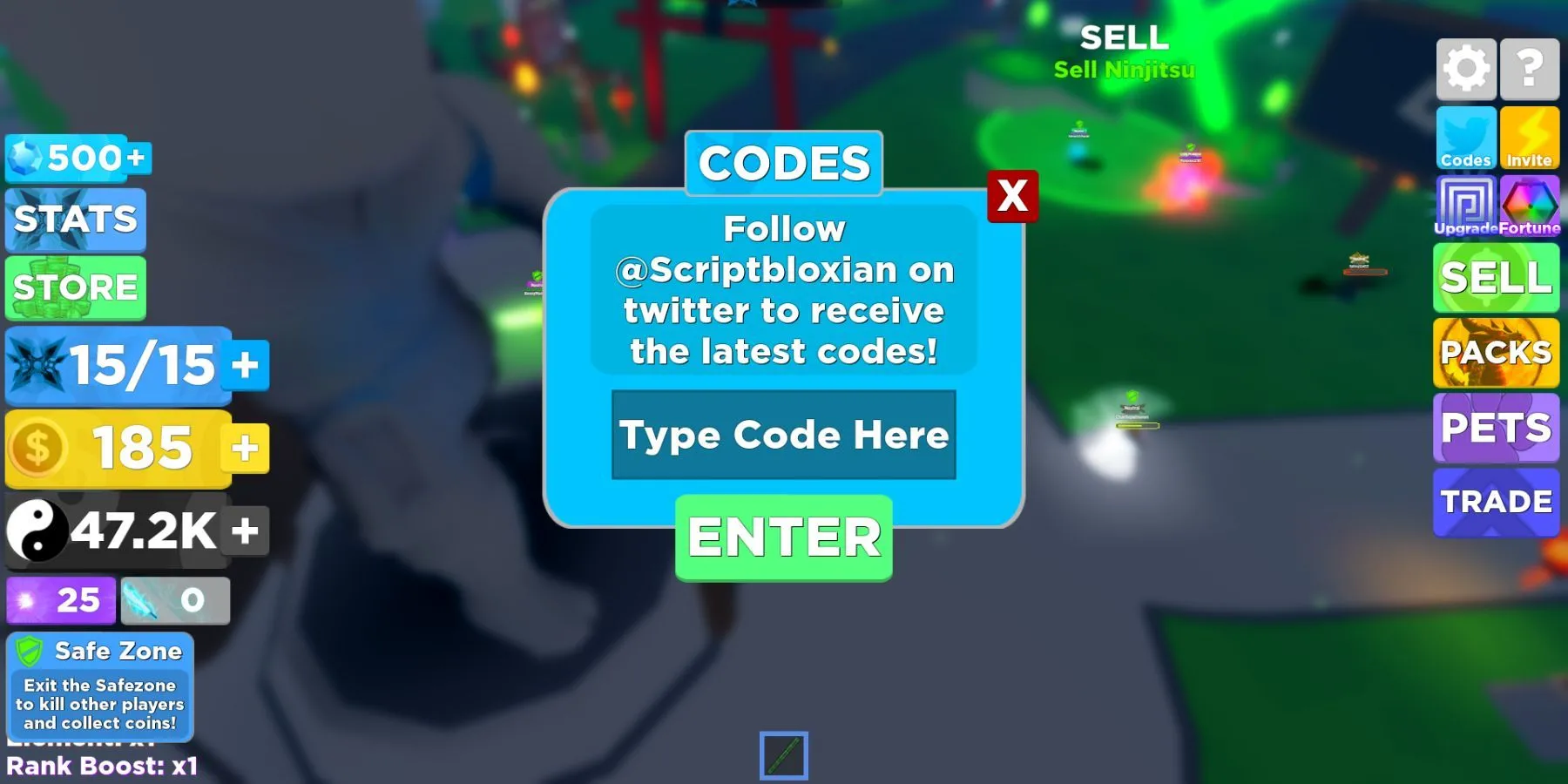 Giao diện nhập mã code trong game Ninja Legends trên Roblox, minh họa cách đổi quà.