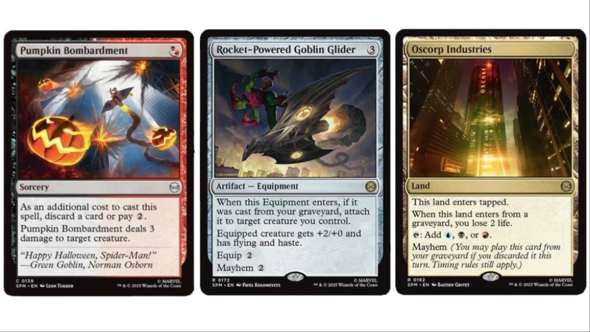 Hình ảnh ba thẻ bài Magic: The Gathering mới: Pumpkin Bombardment, Rocket-Powered Goblin Glider và Oscorp Industries, thể hiện sức mạnh của Green Goblin