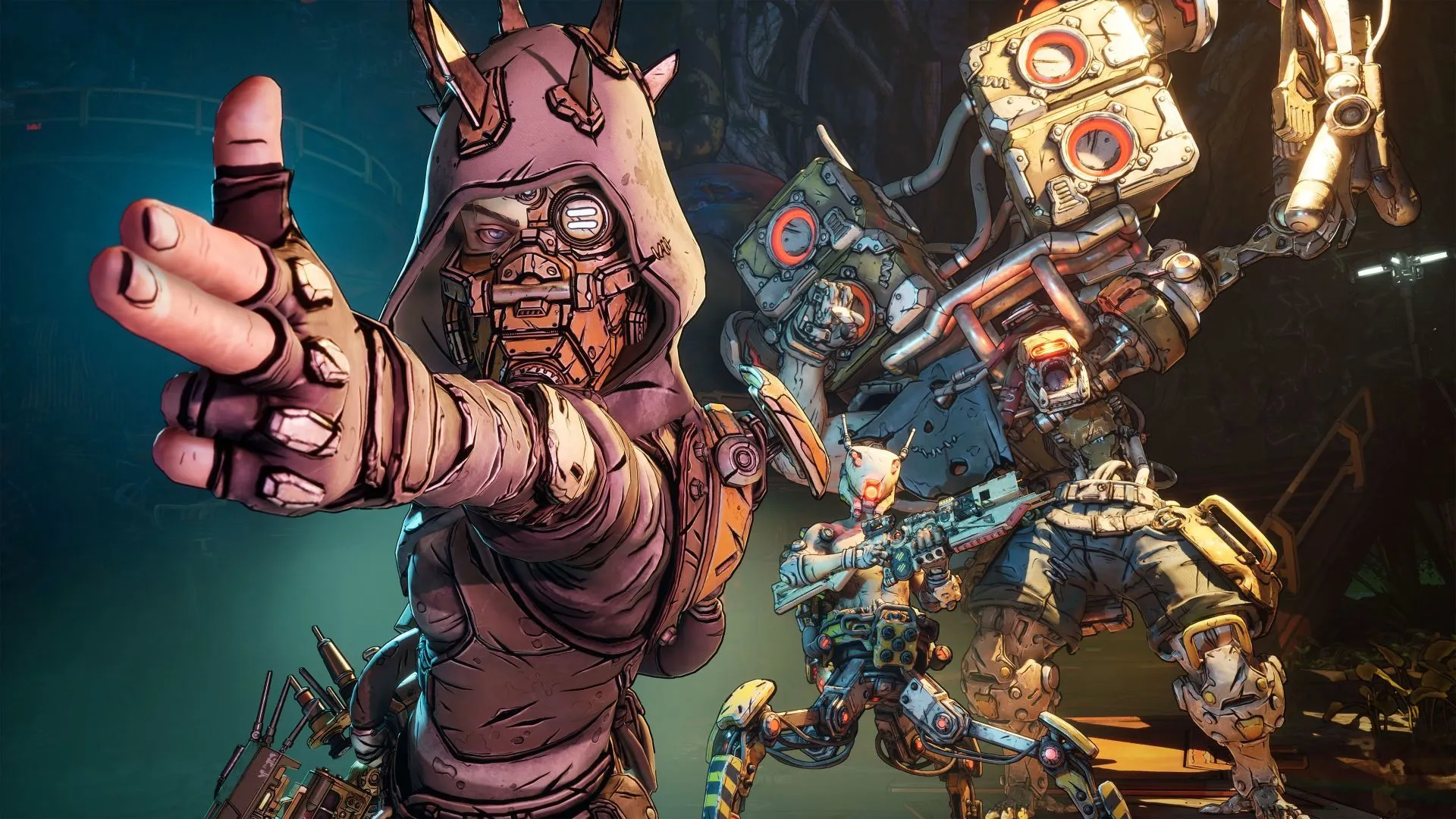 Hình ảnh nghệ thuật quảng bá Borderlands 4 với tên cướp đang dùng ngón tay tạo dáng súng, thể hiện không khí vui nhộn và độc đáo của game.