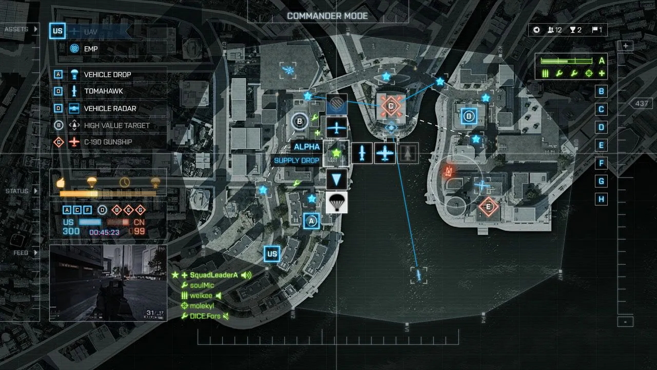 Màn hình hiển thị các tùy chọn chiến thuật và bản đồ tổng quan trong chế độ Commander của Battlefield 4, cho thấy khả năng điều khiển chiến trường.