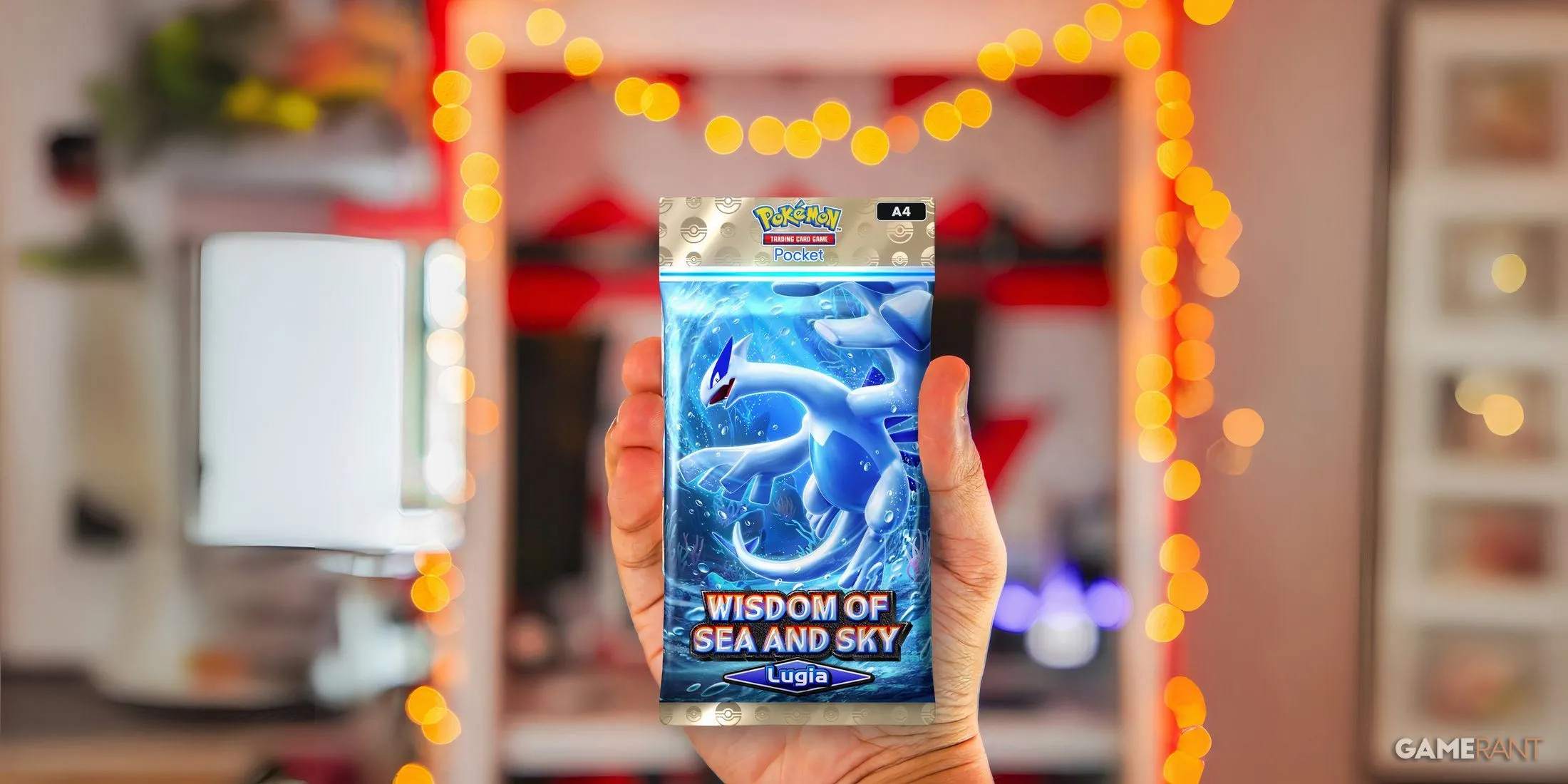 Một game thủ nữ đang hào hứng mở gói bài &quot;Wisdom of Sea and Sky&quot; trong Pokemon TCG Pocket, hy vọng nhận được thẻ bonus siêu hiếm.